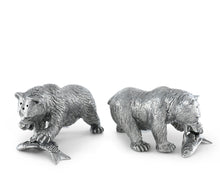 Load image into Gallery viewer, Pewter Fishing Bear Salt & Pepper Set