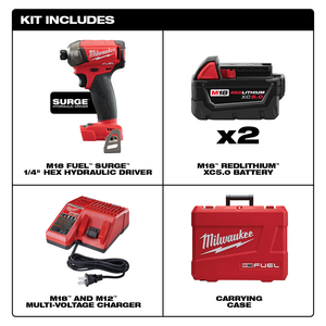 M18 Fuel Surge 1/4" Hydraulic Driver Kit W (2) XC5.0 Battery Charger Case (Brushless Lithium Ion Cordless)